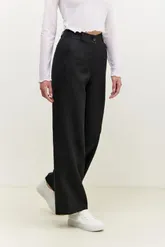 Брюки на высокой посадке,  широкие, на резинке «Лен» черные