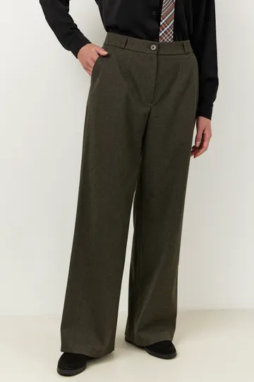 Брюки на высокой посадке, широкие на резинке «Трикотаж Ёлочка» бежево-серые