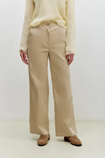 Брюки на высокой посадке, широкие, на резинке «Хлопок» светло- бежевые