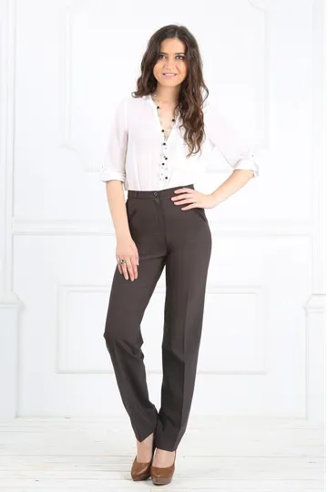Брюки коричневые на высокой посадке с отделкой из францезского шелка зауженные к низу - «Модерн»