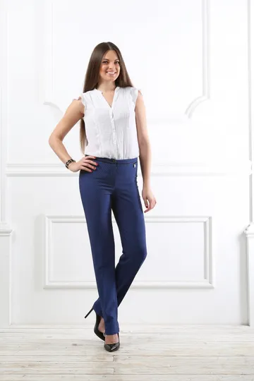 Брюки синие с черным на средней посадке зауженные к низу с карманами - «Луиза»