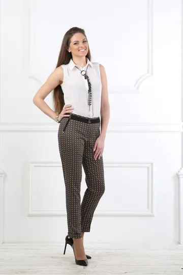 Брюки черно-коричневые на средней посадке зауженные к низу 7/8 - «Хлопок ромбики»