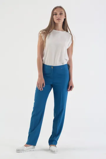 Брюки сине-бирюзовые на средней посадке зауженные к низу - «Шлифованная визкоза»