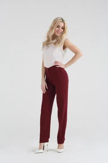 Брюки винные на средней посадке зауженные к низу - «Шелк дюпон»
