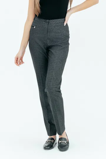 Брюки на высокой посадке слегка зауженные на резинке 7/8 длины с поясом "Клеточка Гленчек" серо-чёрные