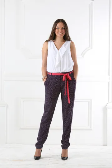 Брюки сине-розовые на средней посадке, на резинке с поясом - «Дождик»