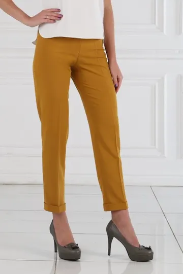 Брюки охра на средней посадке "Модерн тонкий"  с отделкой из кожи